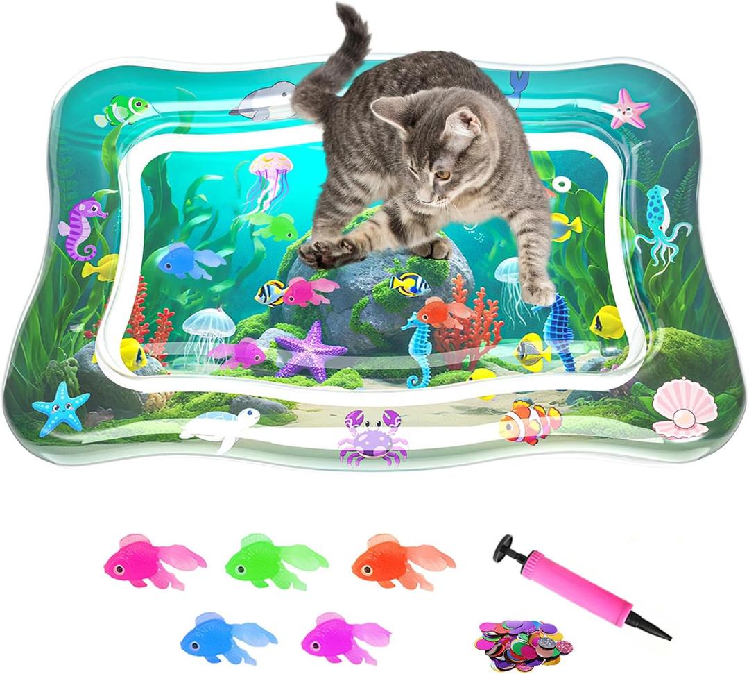 Interactive Cat Toy for Indoor Cats, Upgraded Cat Water Mat, Thickened Water Sensory Play Mat with Fish, Enrichment Stimulating Toy for Bored Adult Kitten Cats to Exercise, Hunting