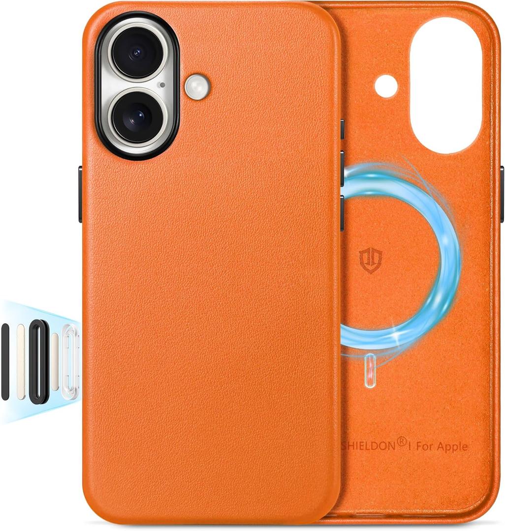 SHIELDON Genuine Leather Case for iPhone 17 6.3 Inch 2025 | Compatible with Magsafe, Updated Camera Button, Magnetic Wireless Charging, Anti-Scratch, Shockproof, Protective Phone Cover - Orange