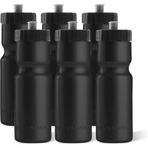 50 Strong Sports Water Bottles  Reusable 22 oz BPA-Free Plastic Bottles with Pull Top Cap  Made in USA  Top Rack Dishwasher Safe  Fits Most Bike Cages Brand (Black)