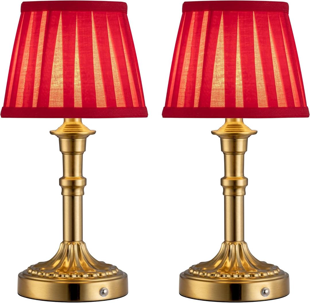 KDG Cordless Portables Table Lamp Set of 2, LED Fabric Shade Small Desk Lamps, 5000mAh Battery Powered Lighting, 2700K Stepless Dimmable Light for Living Room, Dining Room, Bedroom (Gold+Red)