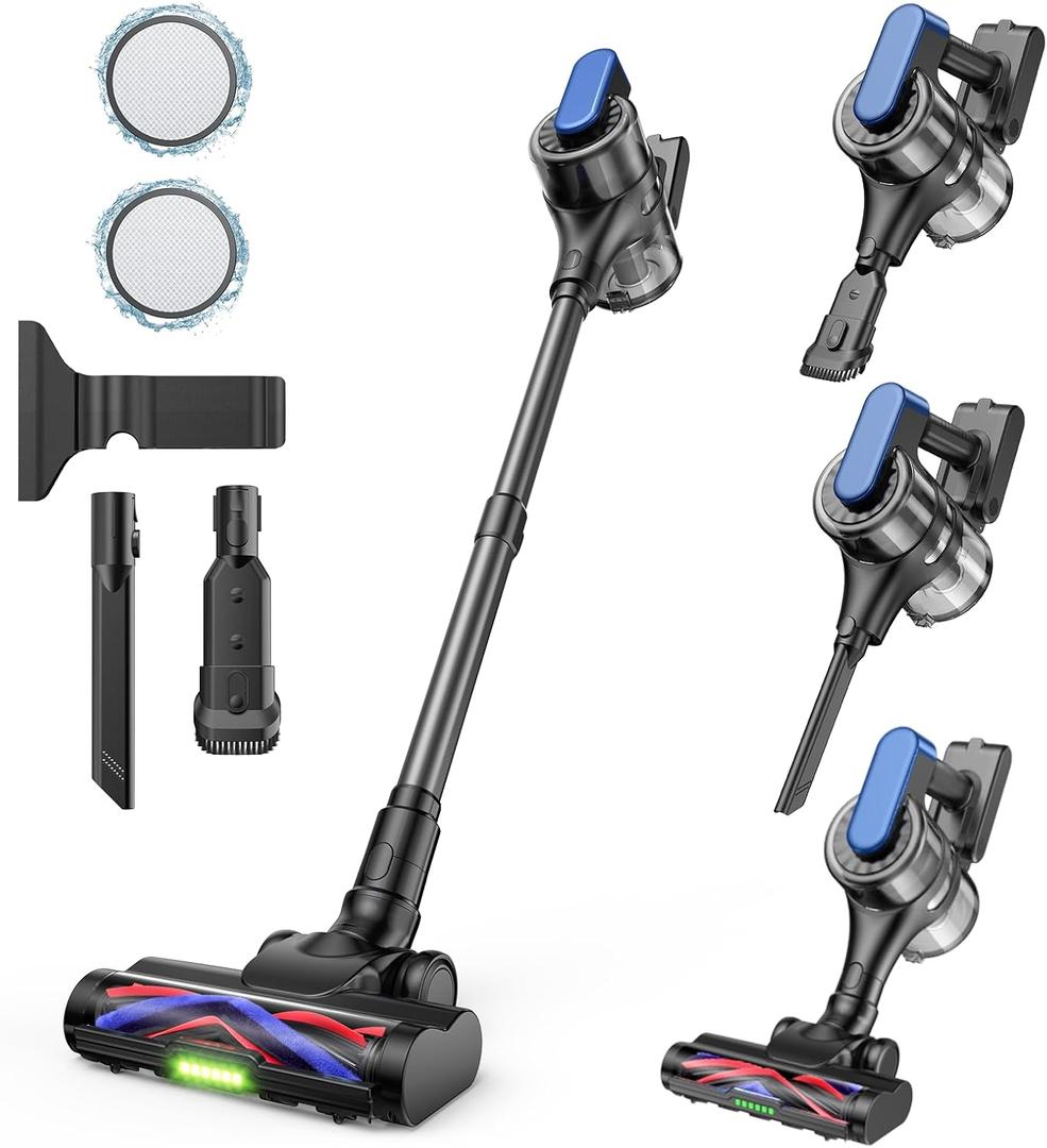 Cordless Stick Vacuum Cleaner  3-in-1 Brush Roll for Hard Floors and Carpets, 55 Min Runtime Rechargeable Lightweight Vacuum with Green LED Headlight for Pet Hair and Dust Cleaning (Navy Blue)