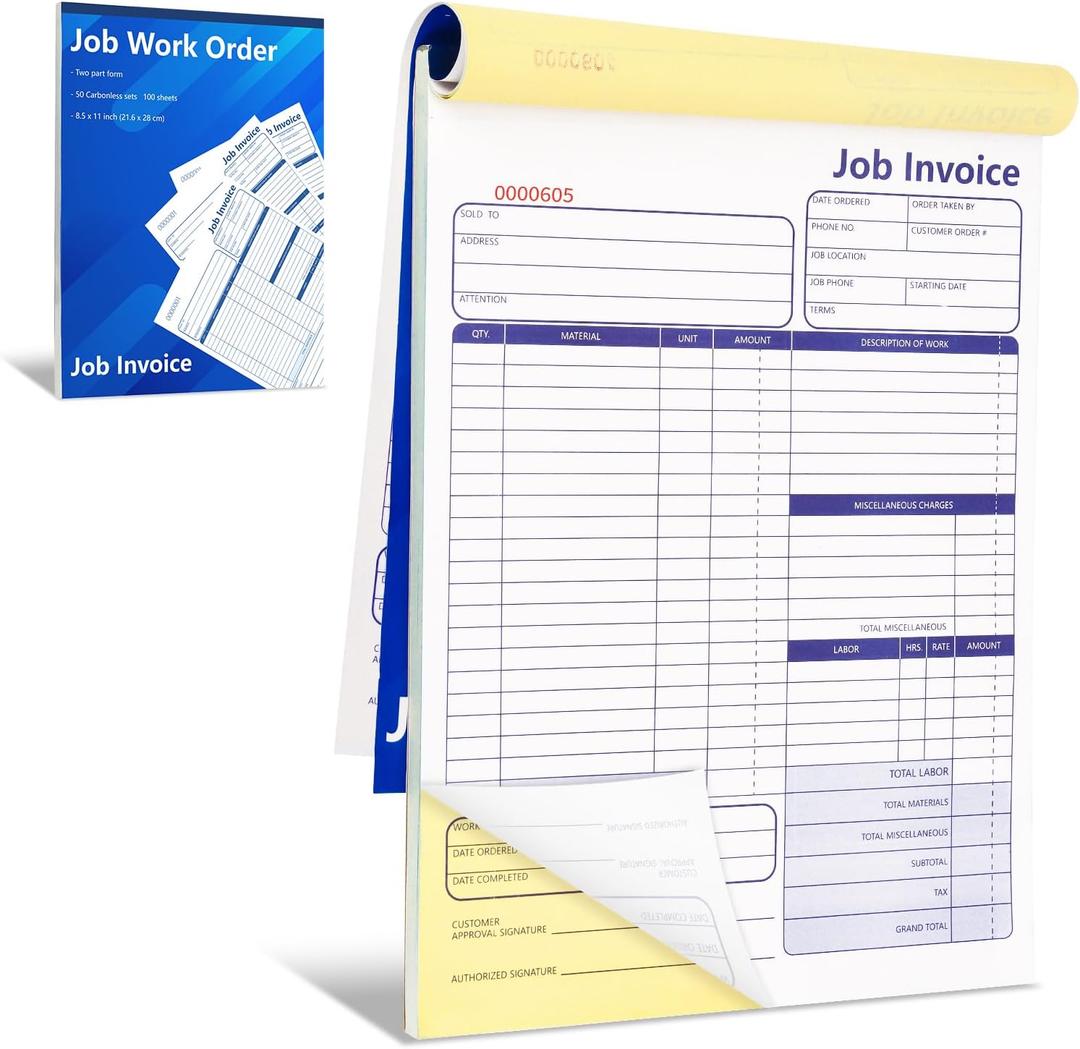50 Set Job Work Order Forms Job Invoice Forms Invoice Receipt Book Contractor 8.5 * 11inch Work Order Receipt Book 2-Part Carbonless Forms for Small Business Suppliers Distributors (One Book)