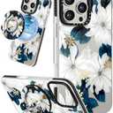 Lotadilo Case for iPhone 16 Pro Max Case Compatible with Magsafe Ring Holder Stand - for Women Blue Flower Design TPU Phone Cover for Girls Girly Funny Fashion