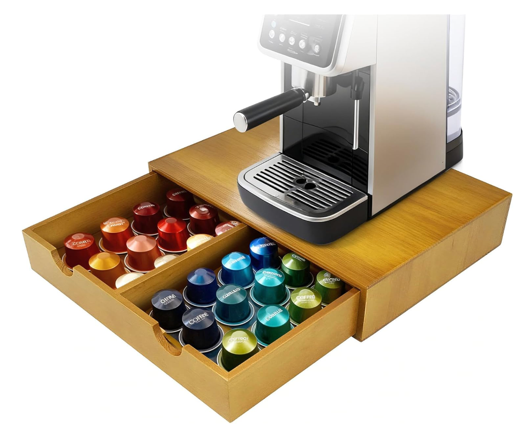 KISENG Coffee Pod 15" X 11" X 3" Natural Wood Countertop Organizer Drawer, Counter Top Espresso Tea Bag Station Storage Holder Box, Brown