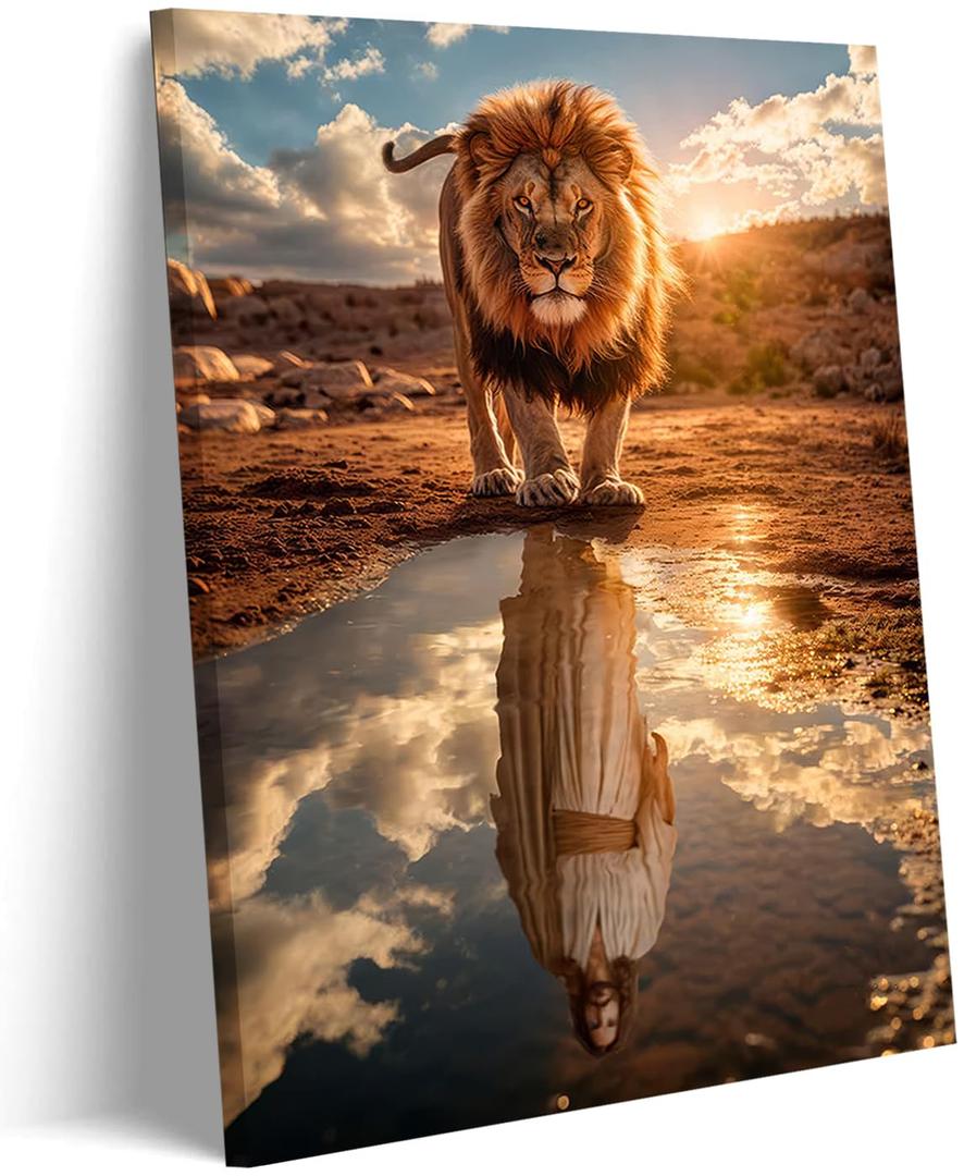 Jesus and Lion Canvas Wall Art, Christian Religious Poster Print, Inspiring Jesus and Lion King Artwork for Living Room and Bedroom Decor 16x24in Woodframe