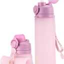 Collapsible Water Bottles 20oz, Leak Proof, BPA-Free, Foldable Silicone Travel Water Bottle with Straw Strap for Cycling, Hiking, Outdoors (Mauve)