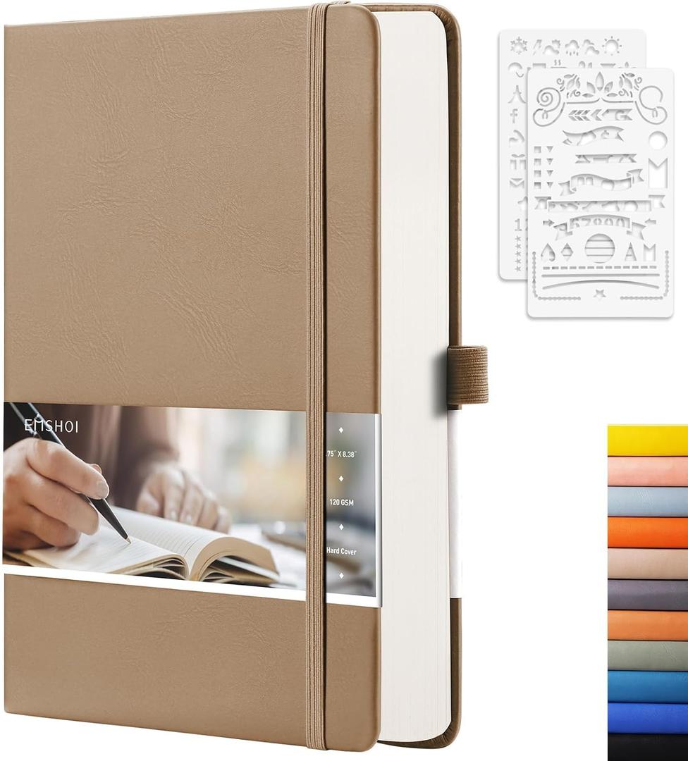 EMSHOI Dotted Notebook - 256 Pages A5 Dot Grid Journal Bullet Notebook with 120gsm Thick Dotted Paper,16 Perforated Pages, Hardcover Leather, Pen Holder, Inner Pocket, 5.75''  8.38''-Khaki