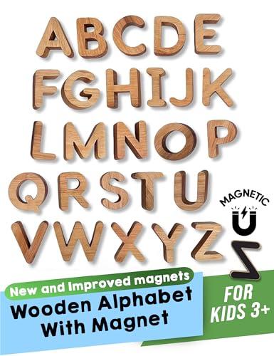 LEAPING LEARNING Alphabet Magnets - Magnetic Letters for Kids, Wooden Letters for Learning & Classroom Supplies, Ideal for Refrigerators, School Board, & Early Literacy Educational Toys 3+ (Uppercase)