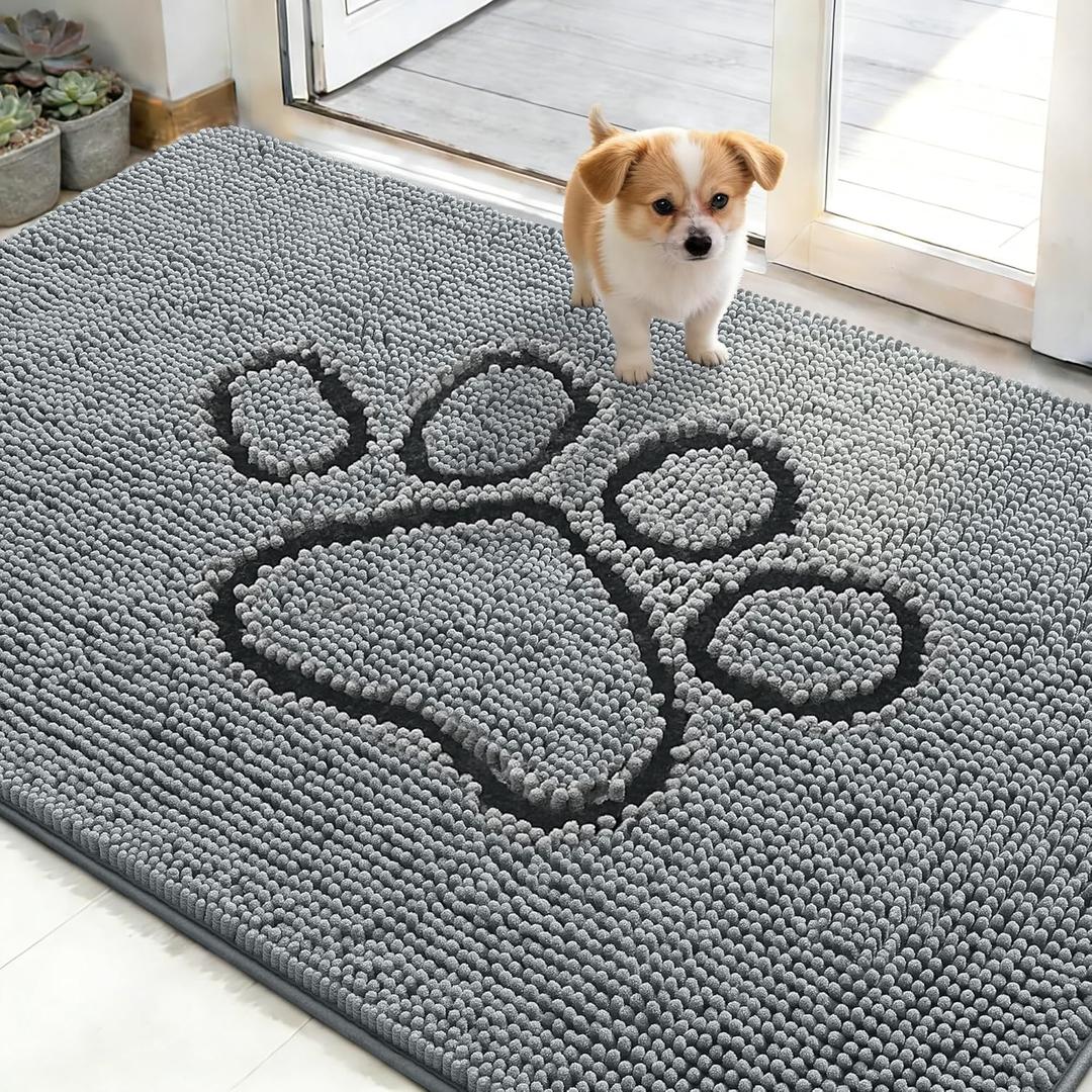 OLANLY Dog Door Mat for Muddy Paws 48x30, Paw Print Design, Absorbs Moisture and Dirt, Absorbent Non-Slip Washable Doormat, Quick Dry Chenille Mud Mat for Dogs, Entry Indoor Entryway Carpet, Grey