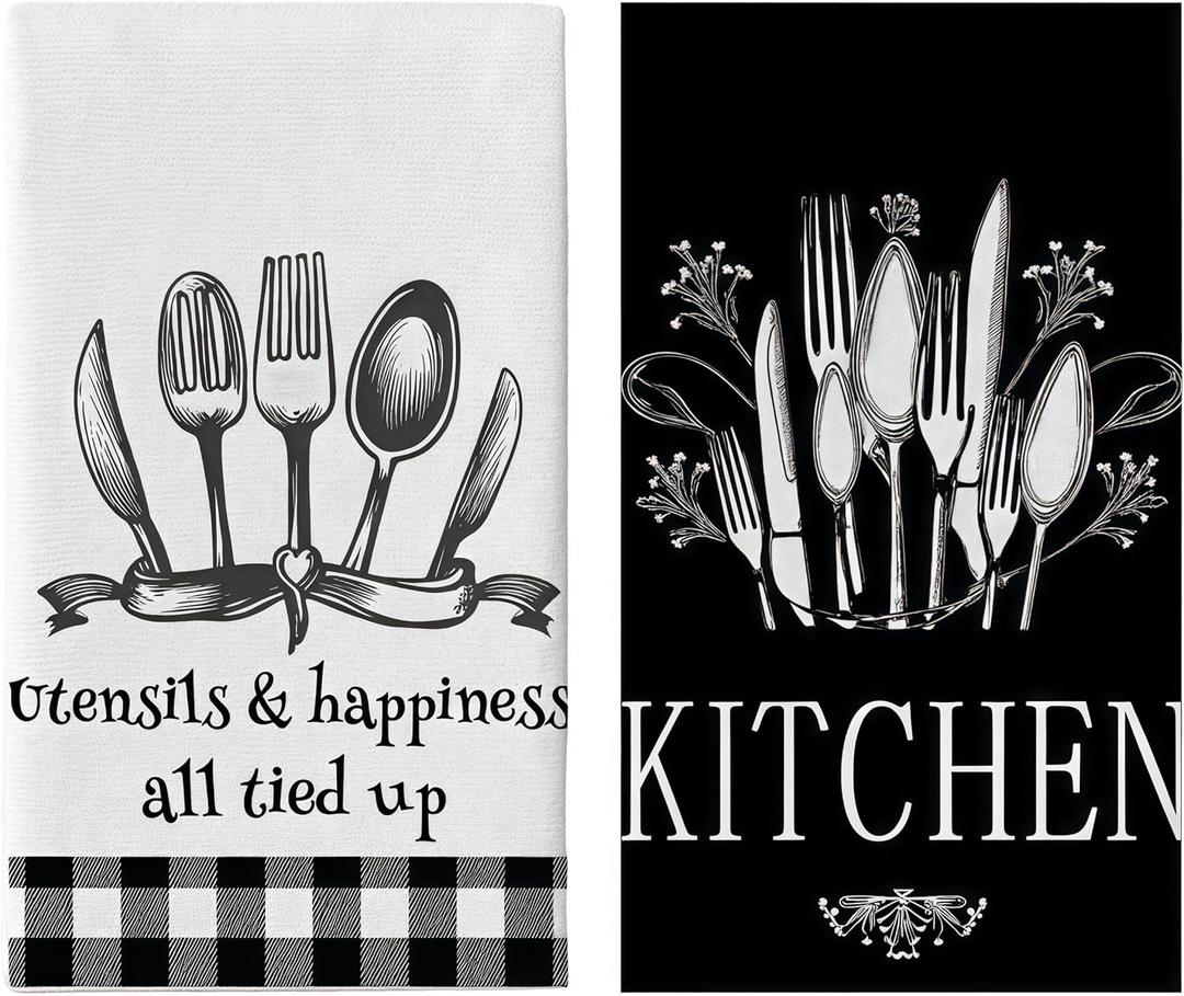 Tableware Black and White Grid Kitchen Towels Set of 2-18x26 Inch, Ultra Absorbent Microfiber, Farmhouse Decor, Fast Drying for Home, Kitchen, and Daily Use