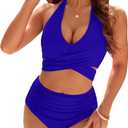 Blooming Jelly Womens Tummy Control Bathing Suits Modest High Waisted Bikini Sets Cute Halter 2 Piece Swim Suit 2025 (Medium, Royal Blue)