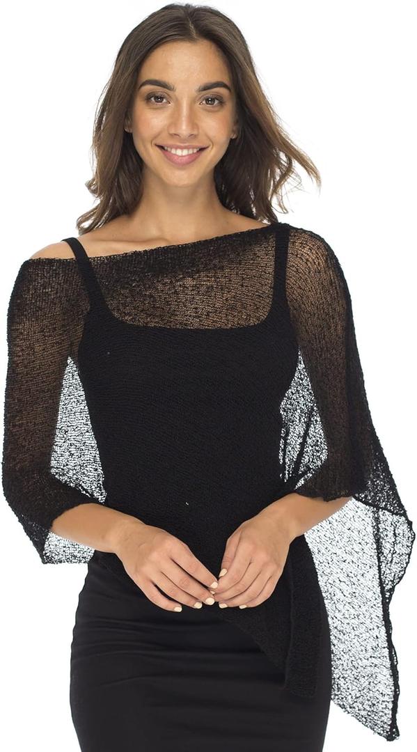 Back From Bali Womens Sheer Poncho Shrug Bolero, Lightweight Summer Shrug Pullover Sweater (Black)