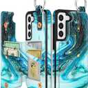 Shorogyt for Samsung S22 Wallet Case with Card Holder - Cute for Women Men Girls Designer Cyan Pattern Kickstand Magnetic Clasp Back Flip Folio Leather Phone Cases for Galaxy S22