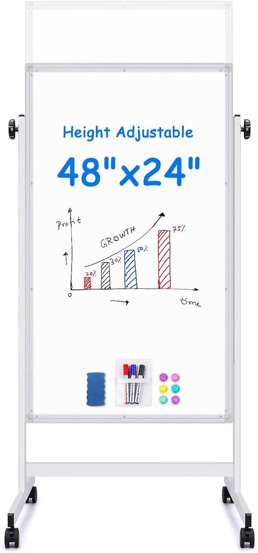 maxtek Rolling White Board, 48 x 24 Height Adjustable Whiteboard on Wheels, Large Magnetic Standing Mobile Easel Board, Double-Sided with Stand for Office, Home, and Classroom