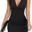oten Women's Sexy Deep V Neck Sleeveless Ruched Bodycon Party Club Cocktail Mini Dresses (Black) XL 