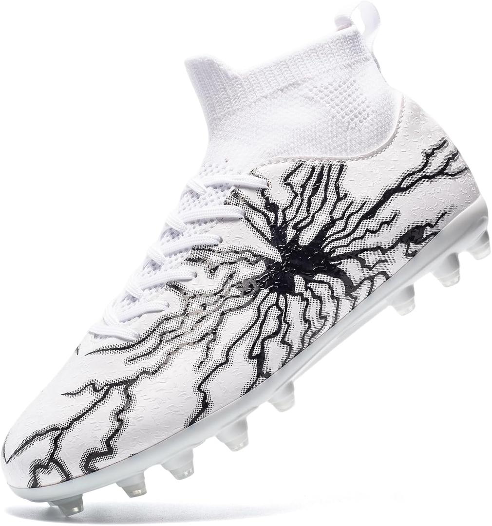 Kids Soccer Cleats Boys Girls Training Football Cleats Youth High-top Soccer Shoes for Little/Big Professional Athletic Outdoor Football Shoes (White)