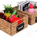 Set of 2 Water Hyacinth Storage Baskets 11x9x4.9inch Collapsible Wicker basket with Chalkboard Labels and Chalk Marker Rectangular Woven Storage Bin Organizers for Kitchen Shelves