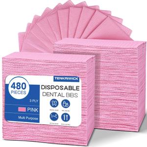 480 Pack Disposable Dental Bibs 13"x18", 3-Ply Waterproof Tattoo Bibs Sheet for Nail Salon, Dental Clinic, Feeding, Tattoo Shop (Pink)