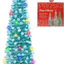 MACTING Christmas Pop up Tree with 50 LED Lights Timer 5FT Collapsible Tinsel Pencil Tree Easy-Assembly Coastal Glitter Artificial Tree for Porch Apartment Corner Home Party Xmas Decor,Aqua Blue (1 PC)