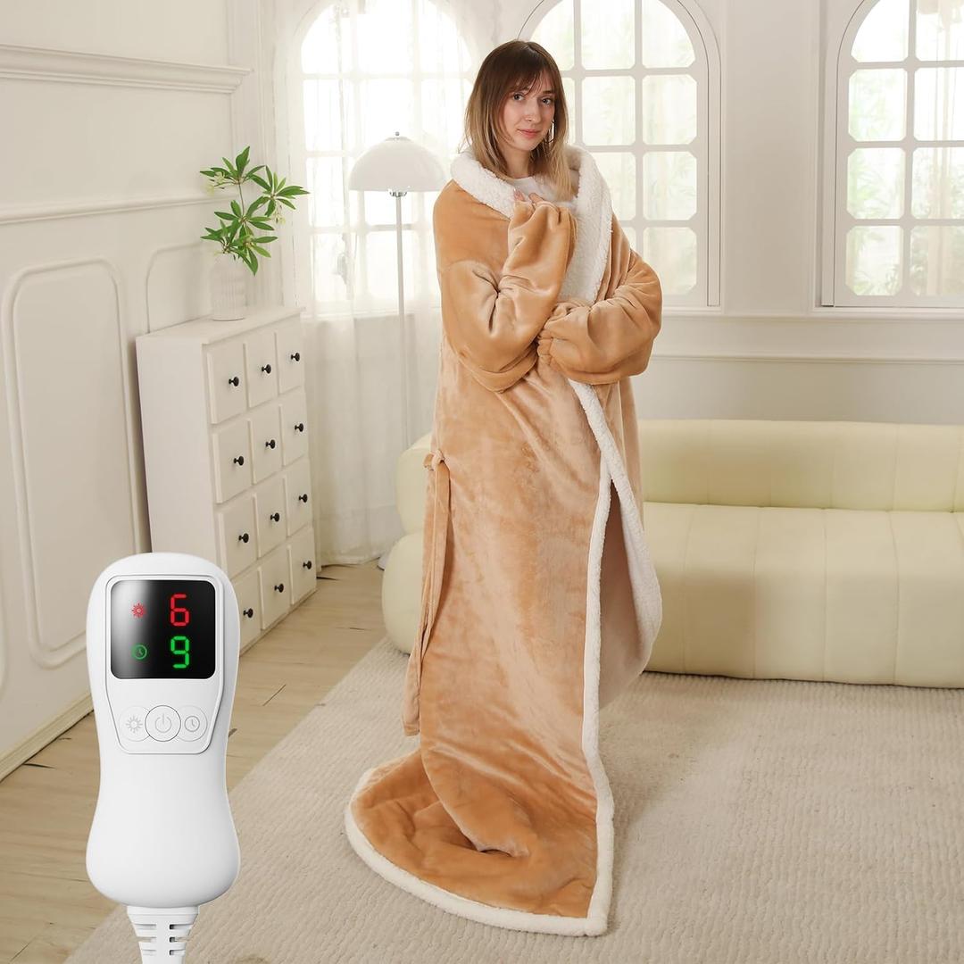 Electric Heated Blanket Throw Size with Foot Pockets & Sleeves, Soft Cozy Flannel Heating Blanket with 9 Heating Levels & 1-9 Hours Auto Off, Fast Heat & Overheat Protection, 50" x 70", Light Brown