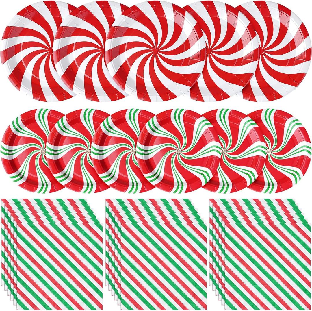 150 Pcs Christmas Candy Cane Party Plates & Napkins, Peppermint Swirl Red & Green Paper Plates for Christmas & New Year Parties, Serves 50