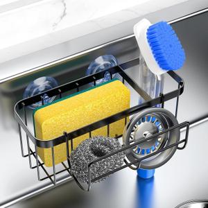3 x 3-in-1 Kitchen Sink Caddy Organizer with Sponge Holder, Brush Holder, Extra Rack for Scrubber, Sink Stopper, Dish Cloth Hanger - Strong Dual Suction Cup, 2.0mm SUS304 Stainless Steel - Black