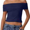 QINSEN Womens Off The Shoulder Tops Double Lined Short Sleeve T Shirts Slim Fitted Stretchy Crop Top (Blue, M)