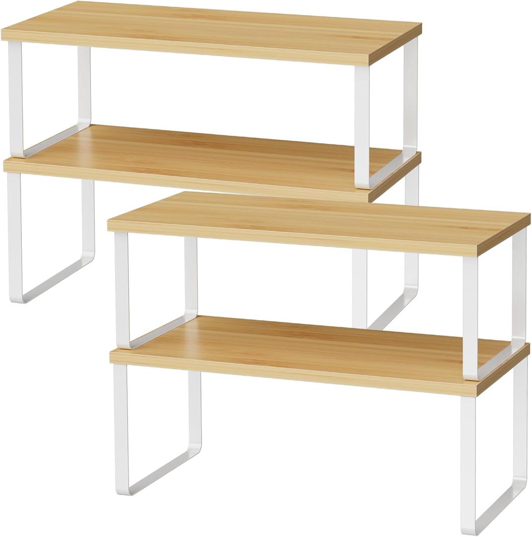 OGEMXU Cabinet Shelf Organizers, 15.7 inches Large Kitchen Counter Shelf, Set of 4 Wood Kitchen Pantry Organizer, Storage Shelves for Countertop, Spice Rack, Stackable, Expandable, Metal White, Nature, 4pcs 7.8" D x 15.7" W x 5.31" H