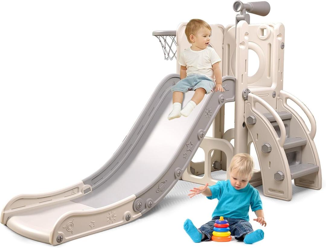 6 in 1 Toddler Playset with Slide,Toddler Slide,Slide for Kids with Basketball Hoop,Ball,Ring Toss,Kids Slide Toddler Playground Toddler Slide Indoor Outdoor Toys