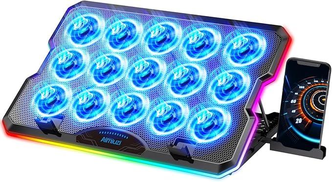 AIMIUZI Gaming Laptop Cooling Pad, Laptop Cooler with 15 Quiet Fans for 1217.3 Inch Notebook, Slim Portable Laptop Cooling Stand with 7 Height Adjustable, 2 USB Ports, Phone Stand