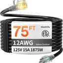 12/ 3 75 FT Heavy Duty Outdoor Extension Cord Waterproof with Lighted End, Black 12 Gauge Extension Cord Flexible and Cold Resistant 3 Prong Grounded Plug, 15Amp 1875W SJTW ETL Listed