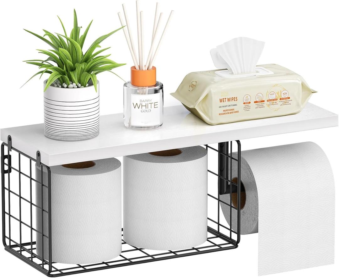 VITVITI Toilet Paper Holder with Shelf, Wall Mounted Toilet Paper Storage Basket, Wood Metal Toilet Roll and Wipes Holder for Bathroom Farmhouse (White)