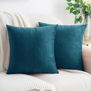 HWY 50 Ocean Blue Velvet Throw Pillow Covers 18x18 Inch, Pack of 2 Soft Cozy Solid Decorative Luxury Cushion Cases for Couch Sofa Bed Living Room Bedroom