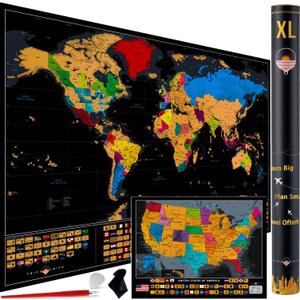 XL Scratch Off World Map with 233 Flags  36 x 24 Scratch Off Map of The World + Scratch Off USA Map  Easy to Frame World Scratch Off Map + Tools  Travel Map Wall Poster - Deluxe Gift for Travelers (BLACK)