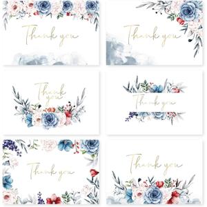 48 Pack Pre-Folded Floral Thank You Cards with Envelopes & Stickers, 6 Elegant Designs for Wedding, Baby Shower, Bridal Shower, Teacher Gifts (Crimson Bloom)