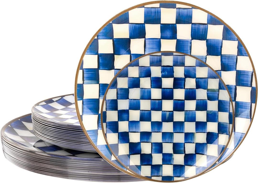 U-QE 20PCS Blue Plastic Plates for Party - Retro Checkered Plates Disposable Heavy Duty - Blue and White Plate for Party, Birthdays - 10 10.25 Inch Dinner and 10 7.5 Inch Dessert Plate