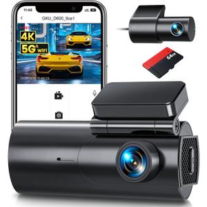 GKU Dash Cam Front and Rear Camera  4K+1080P Dual Dash Camera for Cars with 64GB SD Card, 5GHz WiFi & App Control, Night Vision, Parking Mode, G-Sensor, Loop Recording, WDR, 170 Wide Angle (D600)