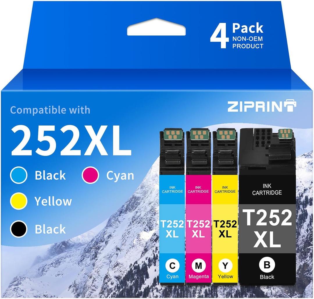 ZIPRINT 252XL Ink Cartridges Combo Pack Remanufactured Replacement for Epson 252 Ink Cartridges for WorkForce WF-3620 WF-3640 WF-7110 WF-7610 WF-7620 WF-7710 WF-7720, Black Cyan Magenta Yellow, 4-Pack
