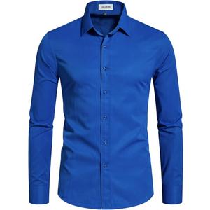 DELCARINO Men's Long Sleeve Button Up Shirts Solid Slim Fit Casual Business Formal Dress Shirt Klein Blue Large