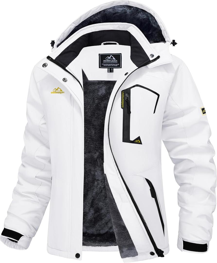 MAGCOMSEN Womens Ski Jacket Waterproof Insulated Snow Jacket Warm Windproof Winter Coats with Hood Fleece Lined Jacket (Large, White)