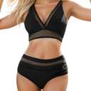 Suvimuga Womens High Waisted Bikini Sets Tummy Control Bathing Suits Mesh V Neck Full Coverage Two Piece Swimsuits (Medium, Black)