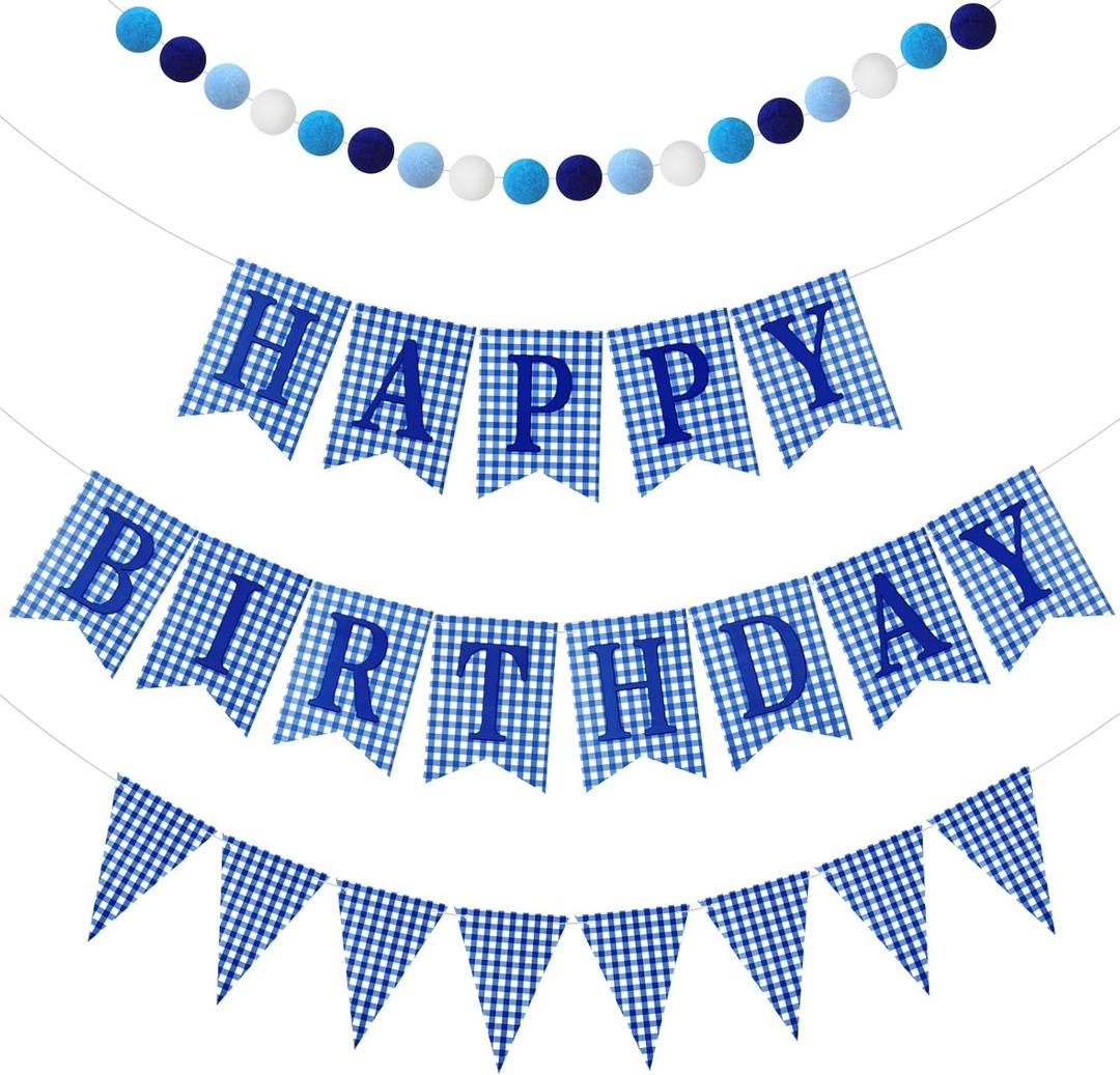 Set of 4 Blue Gingham Happy Birthday Banner Plaid Checkered Pennant Banner Decorations Felt Ball Happy 1st Birthday Garland for Gingham Party Supplies