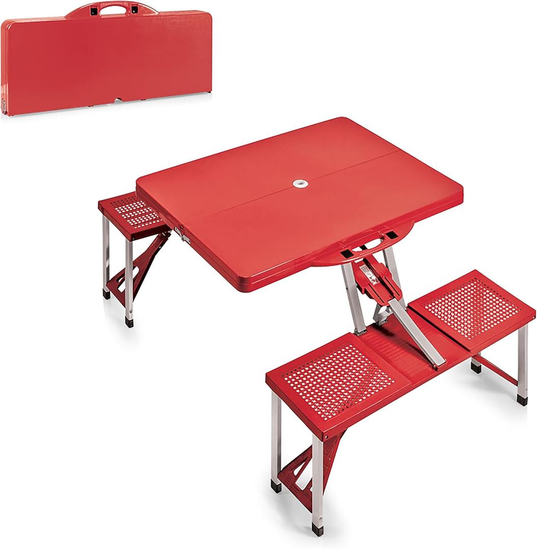 PICNIC TIME Folding Picnic Table, Camping Table, Outdoor Table with Umbrella Hole (Red)