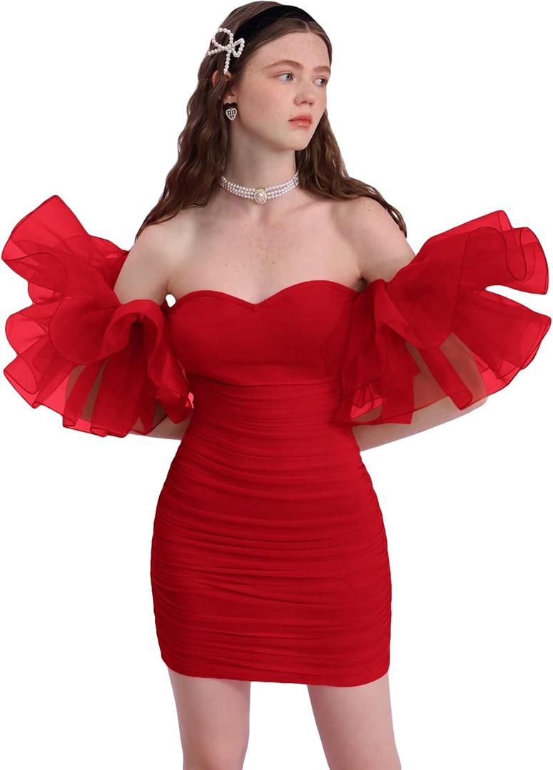WDIRARA Women's Off Shoulder Puff Sleeve Prom Mesh Dress Ruched Cocktail Bodycon Party Elegant Mini Dresses (Medium)