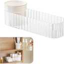 Medicine Cabinet Organizer, Stackable Narrow Makeup Organizer with Brush Holder, Mirror Cabinet Shelves for Kitchen, Bathroom Cabinet, Counter, Vanity (Transparent)