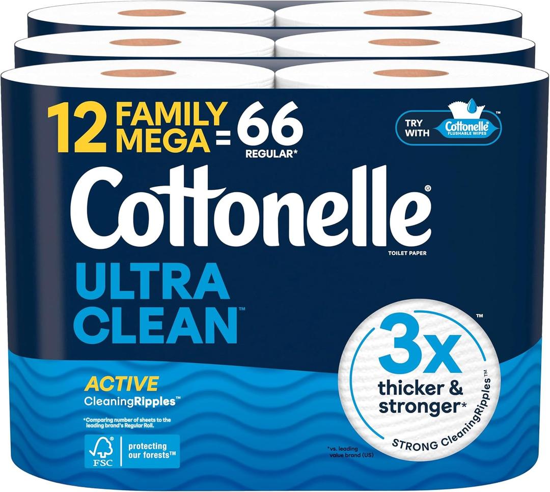 Cottonelle Ultra Clean Toilet Paper with Active CleaningRipples Texture, Strong Bath Tissue, 12 Family Mega Rolls = 66 Regular Rolls