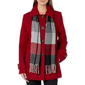 London Fog Black Wool Blend Pea Coat with Red and Gray Scarf Size M