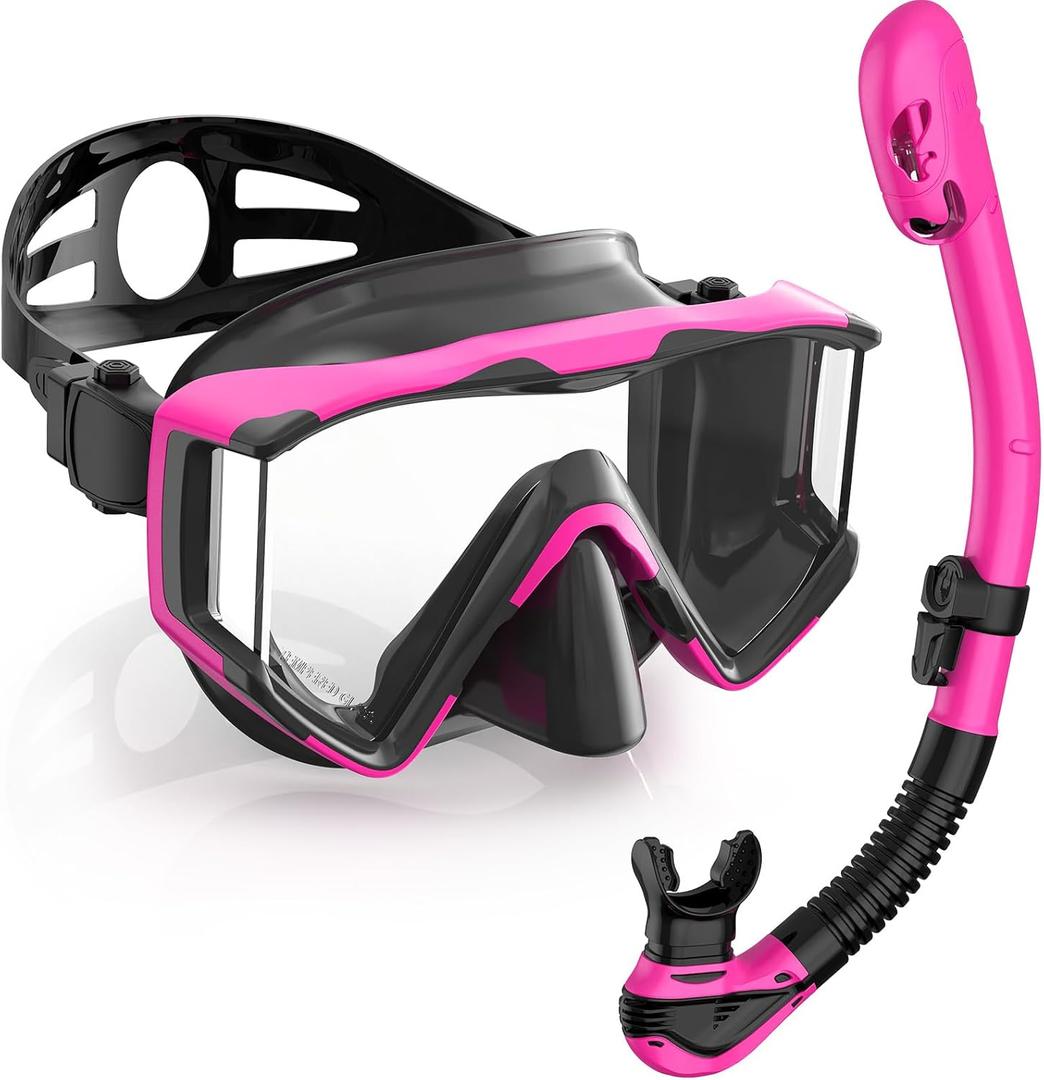 Greatever Snorkel Set Pano 3 Window Snorkel Mask Adult, Panoramic Wide View, Anti-Fog Scuba Diving Mask, Anti-Leak Snorkel Goggles Dry Top Snorkel, Professional Snorkeling Gear for Adults (Black Pink)