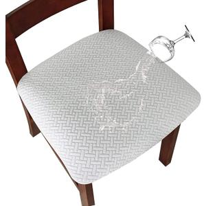 Stretch Jacquard Dining Chair Seat Covers Waterproof Seat Covers for Dining Chairs Kitchen Seat Covers Dining Room Chair Seat Covers Set of 4 (Off White, 4 Pcs)