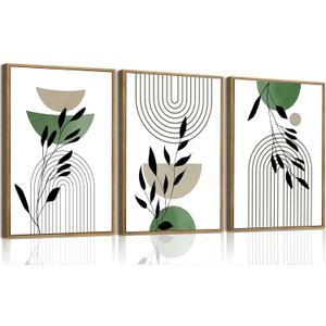 Bwodke Boho Wall Art, Framed Abstract Wall Art, Line Plants Leaf Canvas Wall Decor, Mid Century Sage Green Geometric Pictures Set of 3, Minimalist Paintings, for Bedroom Living Room Bathroom 16"x24"